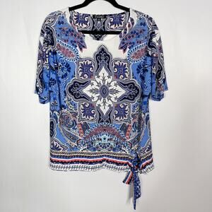 Roz & Ali Womens Medium M Blue White Paisley Printed Scoop Neck Tie Waist Blouse
